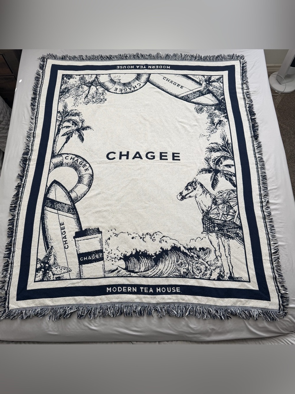 CHAGEE Modern Tea House Woven Throw Blanket Shawl Toile Fringe Blue White 61x51
